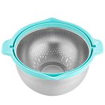 POPGRADE 2 in 1 Stainless Steel Colander Bowl Set, Detachable Rice Washer Strainer Set, Rice Washing Bowl and Strainer for Fruit, Pasta, Small Rice Cleaner Strainer Bowl, Blue…