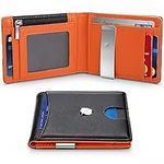 Wallets RFID Blocking with Money Clip, Bi-fold Slim Genuine Leather Minimalist Mini Wallet with Coin Pocket, Credit Card Slots, ID Window for Gents Men with Gift Box-Black & Orange