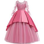 MYRISAM Little Big Girls Applique Lace Princess Pageant Dresses Long Sleeve Bridesmaid Wedding Party Birthday Long Maxi Ball Gown Dusty Rose 9-10T