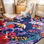 Estmy Boho Vintage Floral Area Rug 4x6 Washable Thin, Aesthetic Bedroom Rugs Colorful Blue Nursery Rug Modern Abstract Tropical Jungle Accent Floor Carpet for Entryway Kitchen Living Room