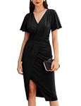 GRACE KARIN Black Funeral Formal Dress for Women UK Summer Short Sleeve Midi Business Dresses Ruffle Wraped Bodycon Slit Cocktail Dresses Size 16 L