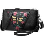 MOMISY Women Embroidery Crossbody Black Bag Small Shoulder Purse Soft Synthetic Leather Mobile Cell Phone Bag For Ladies (Dragonfly)