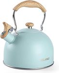 Tea Kettle, BELANKO 85 OZ / 2.5 Liter Whistling Tea Kettle, Tea Pots for Stove Top Food Grade Stainless Steel with Wood Pattern Folding Handle, Loud Whistle Kettle for Tea, Coffee, Milk - Turquoise