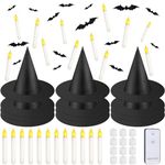 80 Pcs Halloween Hanging Witch Hats and Taper Floating Candles Set Includes 12 Witch Hats 12 LED Floating Candles Lights 56 3D Bats Wall Stickers for Halloween Decoration Front Porch Yard Decor