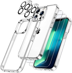 JETech 5 in 1 Case for iPhone 13 Pro 6.1-Inch, with 2-Pack Screen Protector and 2-Pack Camera Lens Protector, Full Coverage Tempered Glass Film, Non-Yellowing Shockproof Phone Cover (Clear)