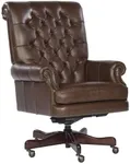 Hekman Furniture Executive Leather Office Chair - Genuine Diamond Tufted Brown Leather Coffee Wood Finish Pneumatic Lift Knee Tilt Mechanism Antique Brass Nail Head Trim Rolling Casters