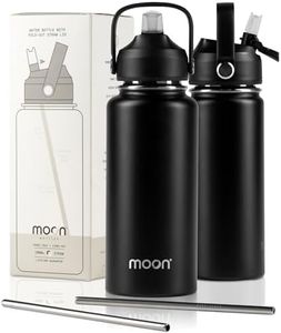 Moon Bottles - Insulated Water Bottle with Straw - Stainless Steel Sports Drink Bottle, Thermal Flask, 24hr Cold, 12hr Hot, Double Walled, Metal Straw, Silicon Spout, Australian Company (1L, Black)