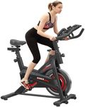 GEONEO Exercise Bike Stationary Indoor Cycling Bike with LCD Monitor, Pad Mount, Adjustable Seat, Silent Belt Drive, Black