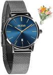 OLEVS Watch Women Small Wrists Stainless Steel Mesh Minimalist Black Ladies Watches with Date Petite Women's Wrist Watches Blue Face Ultra Thin Waterproof Womens Watch reloj para Mujer