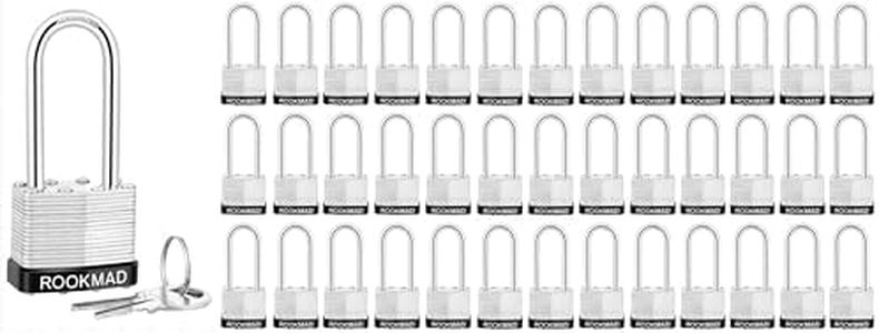 RookMad Keyed Padlocks, Laminated Steel Padlock, Keyed Alike Locks with Same Keys, Long Shackle, PE Plastic Hoop, This Pad Lock with Eco-Friendly Materials, 40 Pack