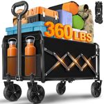 Wagons Carts Foldable Collapsible Foldable Extended Wagon with Brakes, 500lbs Weight Capacity, Heavy Duty Folding Utility Garden Cart with Big All-Terrain Beach Wheels & Drink Holders