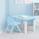 HAPPY BEAR Table and Folding Chair Set for Kids Strong & Durable Plastic Made Rectangle Table with Box Space for Stationery 3 Level Height Adjustable (Light Blue)