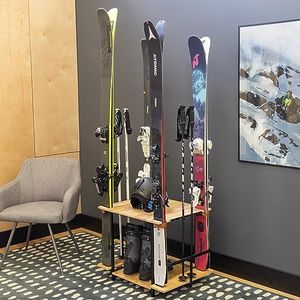 Teal Triangle Freestanding Ski Organizer, Floor Stand Storage Rack for 4 Skis, Poles, Boots, Bags, and More