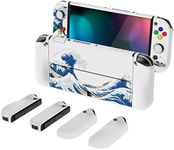 PlayVital AlterGrips Protective Slim Case for Nintendo Switch OLED, Ergonomic Grip Cover for Joycon, Dockable Hard Shell for Switch OLED w/Thumb Grip Caps & Button Caps - The Great Wave Off Kanagawa