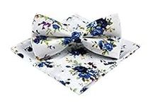 Mens Novelty Patterned Flowers Gentlemen White Blue Bowties Set Gifts Great for Wedding Groom Groomsmen Missions Dances Gift