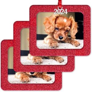 Photo Ornaments for Christmas Tree, Sparkly Glitter Christmas Frame Ornament, Easy-Load Magnetic Design, Includes Satin Ribbon with 2024 Silver Charm Plus Photo Protector, Horizontal, Red 3-Pack