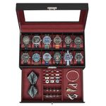 SONGMICS 12-Slot Watch Box, Lockable Watch Case with Glass Lid, 2 Layers, Black Synthetic Leather, Wine Red Lining UJWB012R01