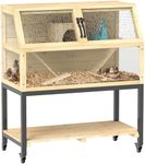 PawHut Hamster Cage with Storage Shelf, Wooden Rat Cage on Wheel, Small Aniaml Cage with Seesaws, Water Bottle, Hut & Ramps, for Dwarf, Gerbil, Syrian Hamster, Mouse, 34" L x 17" W x 40" H