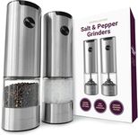 Andrew James Salt and Pepper Mills Electric Grinder Set Stainless Steel Illuminated Dispenser Adjustable Coarseness Ceramic Blades, One Touch Operation, Battery Power, 17.5cm x 5cm (Stainless Steel)
