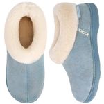 EverFoams Ladies' Micro Suede Memory Foam Slippers with Fluffy Faux Fur Collar and Indoor Outdoor Rubber Sole Blue, Size 5-6 UK