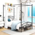 ARFARLY Canopy Bed Frame Double Bed Metal Bed Frame Slatted Frame Bedroom Furniture Double Bed Black 120 x 200 cm