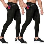 Odoland 2 Pack Mens Athletic Compression Running Pants, 2 in 1 Quick Dry Athletic Workout Sweatpants Shorts Gym Leggings with Pocket, Black/Black, L