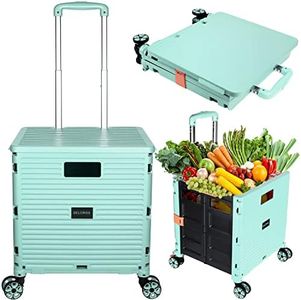 SELORSS Foldable Utility Cart Portable Collapsible Crate Rolling Carts with Wheels Rolling Tote Basket Teacher Cart with Lid Wear-Resistant 360°Rotate Wheel Noiseless for Shopping Storage Office Use