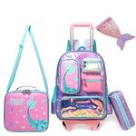 HTgroce Rolling Backpack for Girls School Backpack with Wheels Kids Roller Luggage for Elementary Kindergarten Students with Lunch Box Pencil Case for Girls 5-12 Years Old