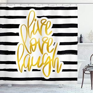 Live Laugh Love Decor Shower Curtain by Ambesonne Romantic Poster Design with Hand Drawn Stripes and Calligraphy Fabric Bathroom Decor Set with Hooks 75 Inches Long Black White Gold