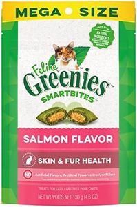 FELINE GREENIES SMARTBITES Skin & Fur Health Crunchy and Soft Natural Cat Treats, Salmon Flavor, 4.6 oz. Pack