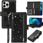 KUDEX Wallet Case for iPhone 14 Pro Max, Bling Glitter Sparkly Leather Flip Folio Magnetic Kickstand Zipper Wallet Purse Case with Card Holder Wrist Strap for iPhone 14 Pro Max - 6.7 Inch(Black)