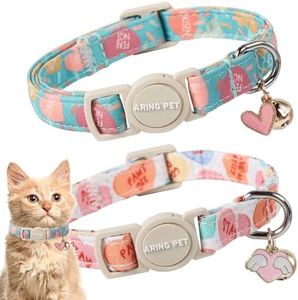 ARING PET 2 Pack Valentine's Day Cat Collars-Cute Heart Cat Collar Breakaway with Bell&Pendant, Adjustable Valentine Kitten Collars with Safety Buckle for Girl and Boy Cats