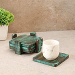 Unravel India Squared Teal Blue Coaster Set in Steambeach Wood (4 Coaster, 1 Base Tray)