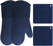 HOMWE Silicone Oven Mitts and Pot Holders, 4-Piece Set, Heavy Duty Cooking Gloves, Kitchen Counter Safe Trivet Mats, Advanced Heat Resistance, Non-Slip Textured Grip (Navy Blue)