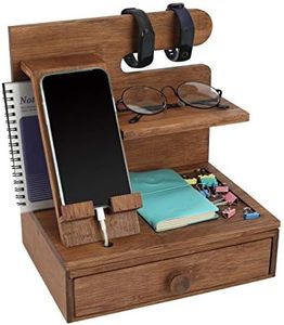 TQVAI Wood Phone Docking Charging Station Nightstand Organizer Bedside Stand, Gifts for Men, Husband, Dad Birthday, Anniversary, Christmas, Retro Brown