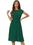 Allegra K Women's Pleated Dress Crew Neck Cap Sleeve Tie Waist A-Line Dresses Green S