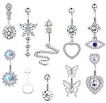 HAIAISO 10Pcs 14G Belly Bar Belly Button Ring Kit 316L Surgical Steel Dangly Belly Button Piercing Jewellery Long Chain CZ Moonstone Snake Heart Butterfly Belly Bar Pack Silver Gold - WHITE