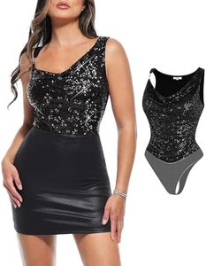 Popilush Sequin Tops for Women Sparkly Tummy Control Shapewear Bodysuit Sleeveless Body suit Going Out Tank Tops Black