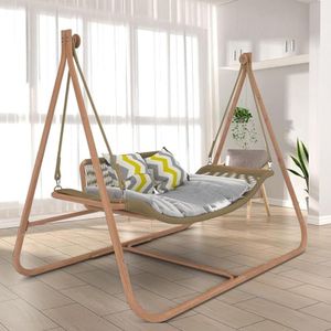 JESE Hammock Swing Chair with Stand and Cushion for Indoor,Outside, Anti-Rust Wood-Colored Frame, 570 lbs Oversized Double Hammock Chair for Patio Bedroom Balcony,