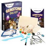 Gem dig kit with 12 Real Gemstones for Kids - Rock Collection Includes Excavation Tools, Goggles & Storage Bag, Display Keychain - Science Archeology Kits for Kids Ages 6 7 8 9 - Gift stem Activities