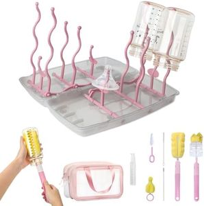 9 in 1 Baby Bottle Brush Kit, Newborn Baby Essentials Travel Set with Foam & Nylon Bottle Cleaner Brush,Large Capacity Bottle Drying Rack, Nipple Brush,Straw Brush,Soap Dispenser & Organizer Bag