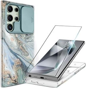 GVIEWIN for Samsung Galaxy S24 Ultra Case with Slide Camera Cover+Screen Protector, [Military Grade Shockproof] Marble Protective Slim & Tough Phone Case for S24 Ultra 6.8"(Ocean Tide/Green)