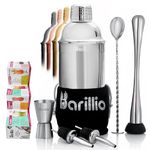 BARILLIO Elite Cocktail Shaker Set Bartender Kit by : 24 oz Stainless Steel Martini Mixer, Muddler, Mixing Spoon, Jigger, 2 Liquor pourers, Velvet Bag, Recipes Booklet & eBook