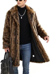 Mens Faux Fur Long Coat Winter Fluffy Trench Coat Lapel Jacket,Mustard,L