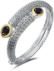 UNY JEWEL Jewelry Multi Strand Foxtail Chain Woven Pattern Inlay 8 by 10 Oval CZ Vintage Antique Two Tone Elegant Designer Inspired Unique Box Tongue Clasp Bangle, Metal, Cubic Zirconia