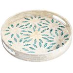 Mezchi 12 Inch Mother of Pearl Serving Tray with Handles, Round Decorative Coffee Table Tray, Nacred Wooden Ottoman Tray Platter for Ottoman, Farmhouse, Dinning Table