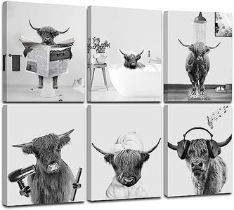 WALTSOM FRAMED Funny Highland Cow Wall Art in Bathroom, Black and White Highland Cow Pictures Bathroom Decor, 8X10in, Framed)