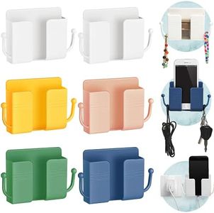 6 Pieces Wall Mount Phone Holder Self-Adhesive Wall Beside Organizer Storage Box Plastic Charging Phone Stand Remote Wall-Mounted Phone Brackets Holder for Bedroom (White, Yellow, Green, Pink, Blue)