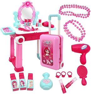 2 in 1 Pretend Play Kids Vanity Table and Chair Beauty Mirror and Accessories Play Set with Trolley Fashion & Makeup Accessories for Girls Travel Suitcase Fashion Beauty Set for Children Little Girls