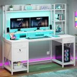 YITAHOME Computer Desk with Drawers & Hutch, 59.1" Office Desk with LED Lights & Power Outlets, Gaming Desk with Monitor Stand & Storage Shelves, White